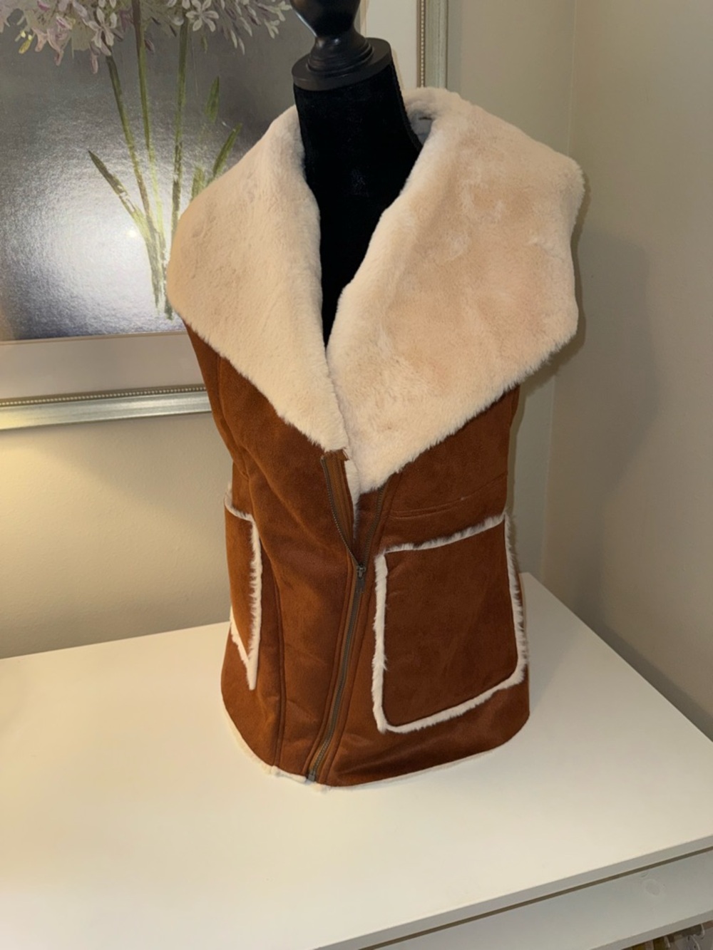 Jade By Jane, Faux Shearling Suede Vest in Chestnut with Cream Collar